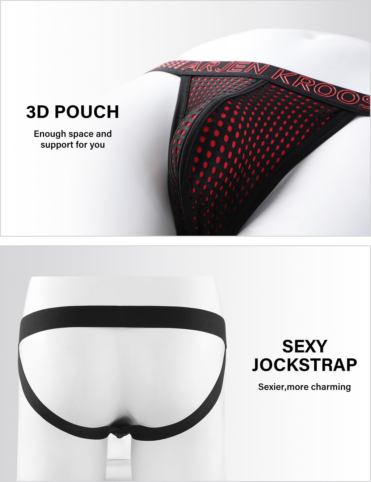 Arjen Kroos Men's Jock Strap Underwear Sexy Mesh Dotted Jockstraps Athletic Supporters for Men, Black(Red Flare), Large