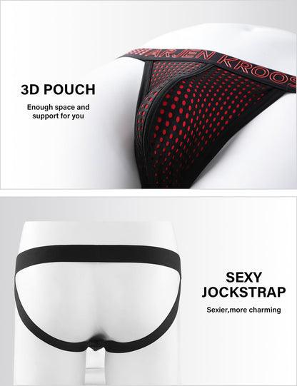 Arjen Kroos Men's Jock Strap Underwear Sexy Mesh Dotted Jockstraps Athletic Supporters for Men, Black(Red Flare), Large