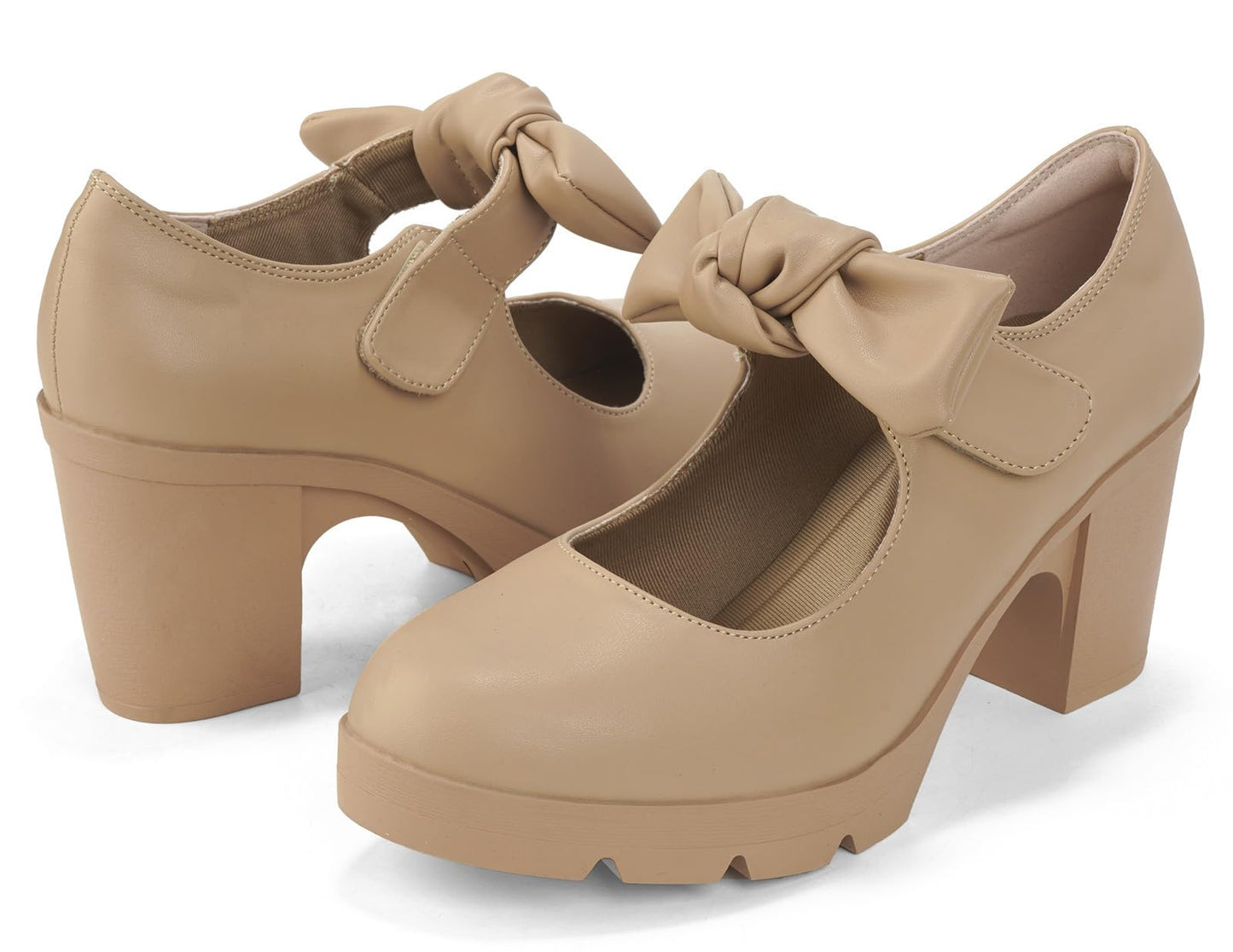 Women's Bow Heels Mary Jane Chunky Low Block Heels Pumps Comfortable Closed Round Toe Ankle Strap Wedding Evening Party Dress Shoes Nude US Size 5