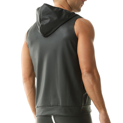 Men's PU Leather Sleeveless Vest Wet Look Undershirt with Zipper Closure Muscle Shirt for Motorcycle