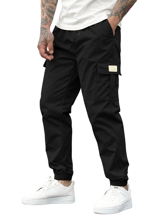 ZAFUL Mens Casual Cargo Pants Drawstring Hiking Outdoor Streetwear Track Joggers Sweatpants with Pockets (1-Black, L)