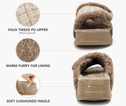 KuaiLu Cushion Slippers For Women with Orthopedic Arch Support Wide Adjustable Open Toe Platform Furry Fur Sandals Warm Teddy Fleece Recovery Slides Slip On House Shoes Indoor Outdoor, Beige US11