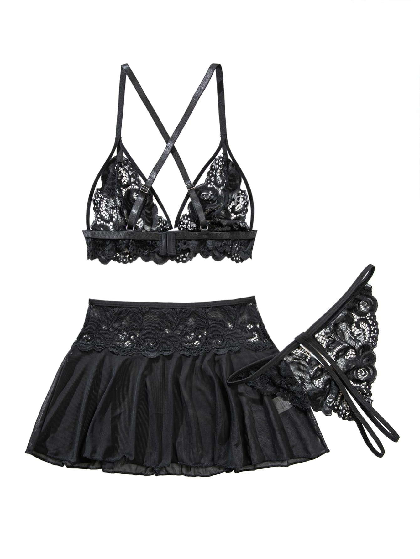 Sexy Lingerie Set 3 Piece Women Outfit Bra with Thong Black M