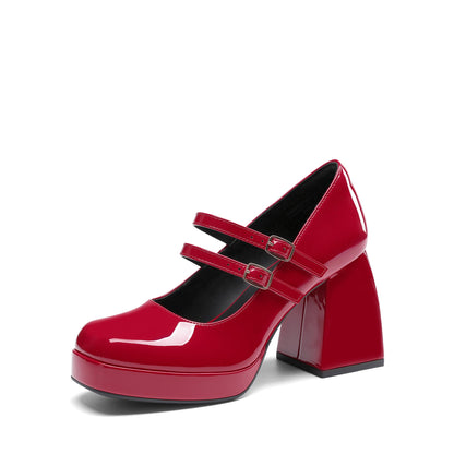 Women's Platform Mary Jane Chunky Heels,Size 9,Red-Pat