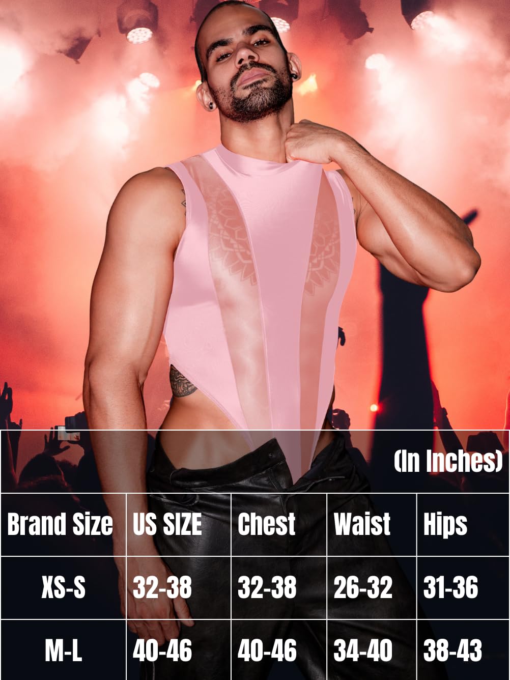 Mens Sexy Lingerie, Hook Crotch Thong High Cut Bodysuit Top Rave Outfit, Glossy Mock Neck Sheer Singlet Muscle Suit Pink Leather X-Small-Small