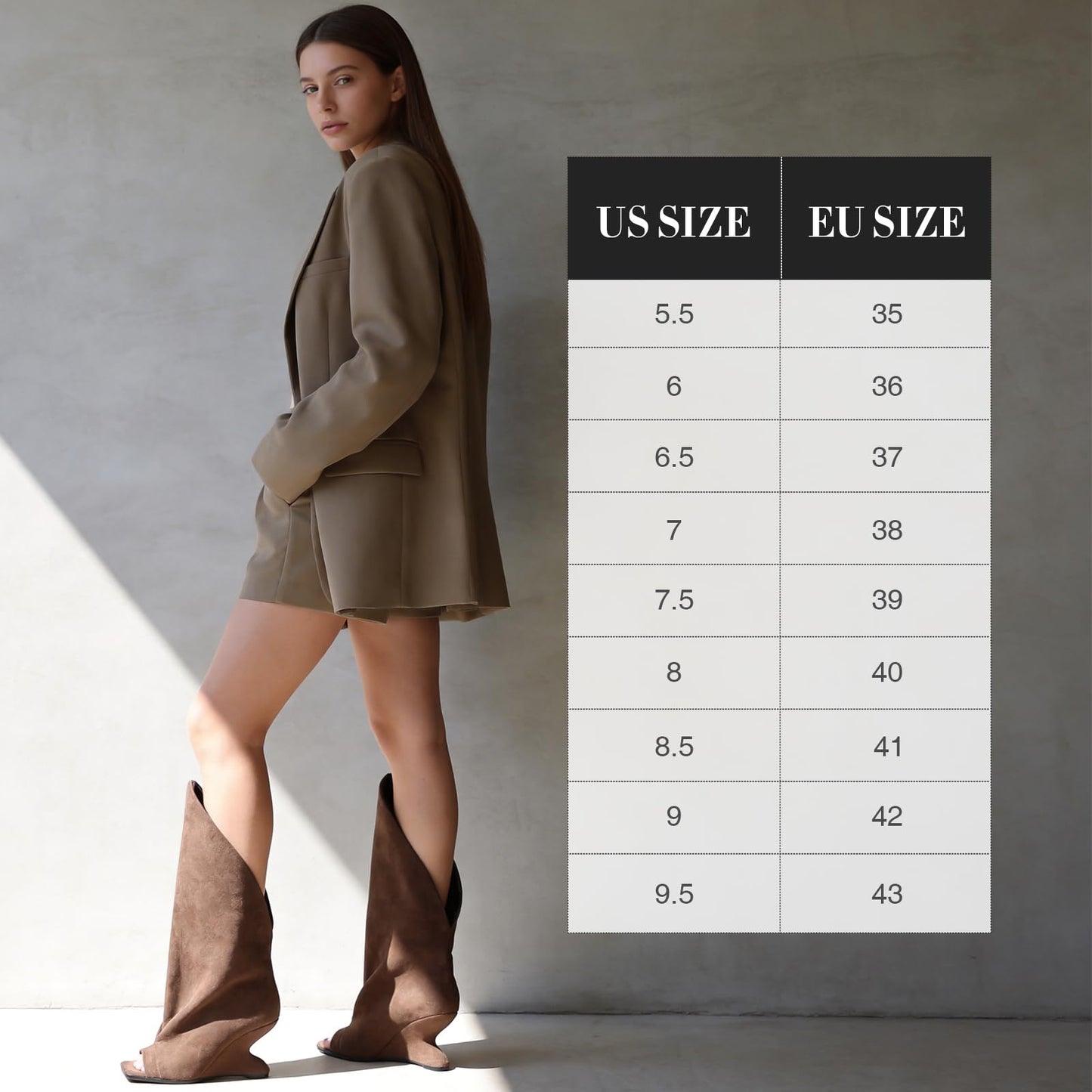 MEEYUS Women's Open Toe Wedge Boots Fold Over Knee High Pull On Tall Dress Boots Slouchy Peep Toe Wedge Heel Booties, Brown Suede, 7