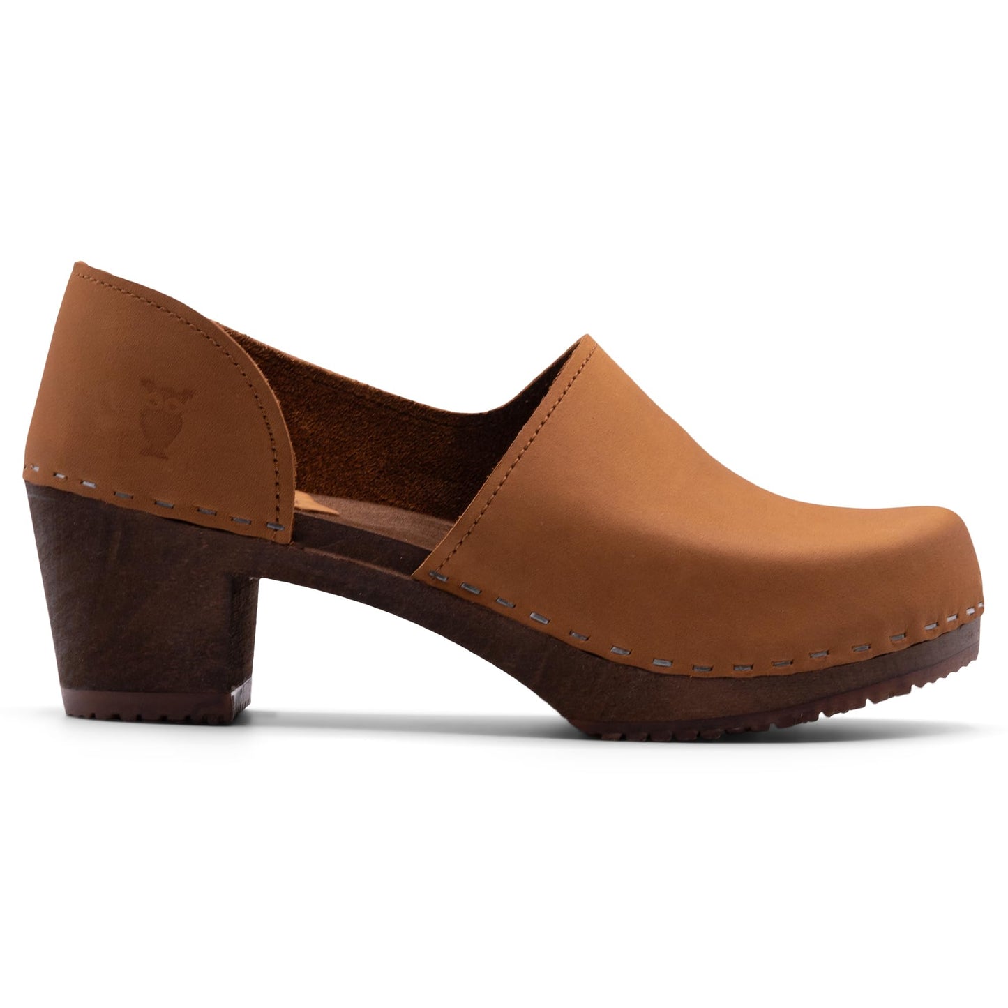 Sandgrens Handmade Swedish High Heel Wood Closed-Back Clogs for Women, US 8-8.5 | Brett Dexter Tan Nubuck DK, EU 39