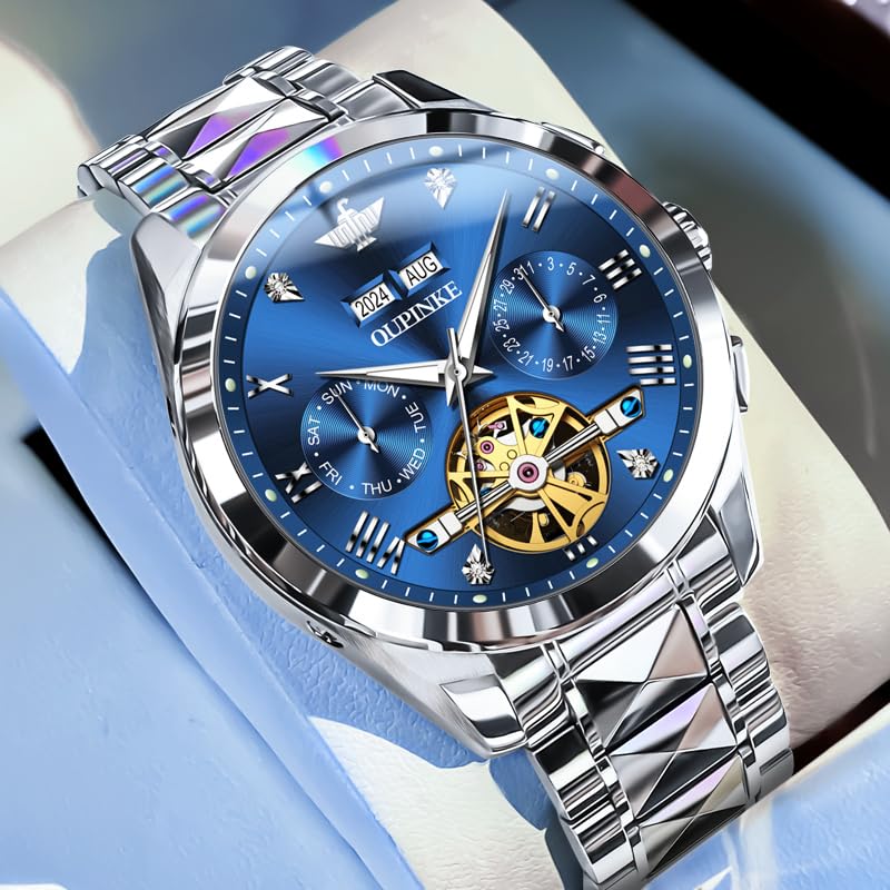 Men's Luxury Watch Automatic Mechanical Self Winding Sapphire Crystal Tungsten Stainless Steel Waterproof Two Tone Business Dress Watches (Blue)