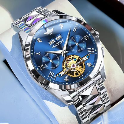 Men's Luxury Watch Automatic Mechanical Self Winding Sapphire Crystal Tungsten Stainless Steel Waterproof Two Tone Business Dress Watches (Blue)