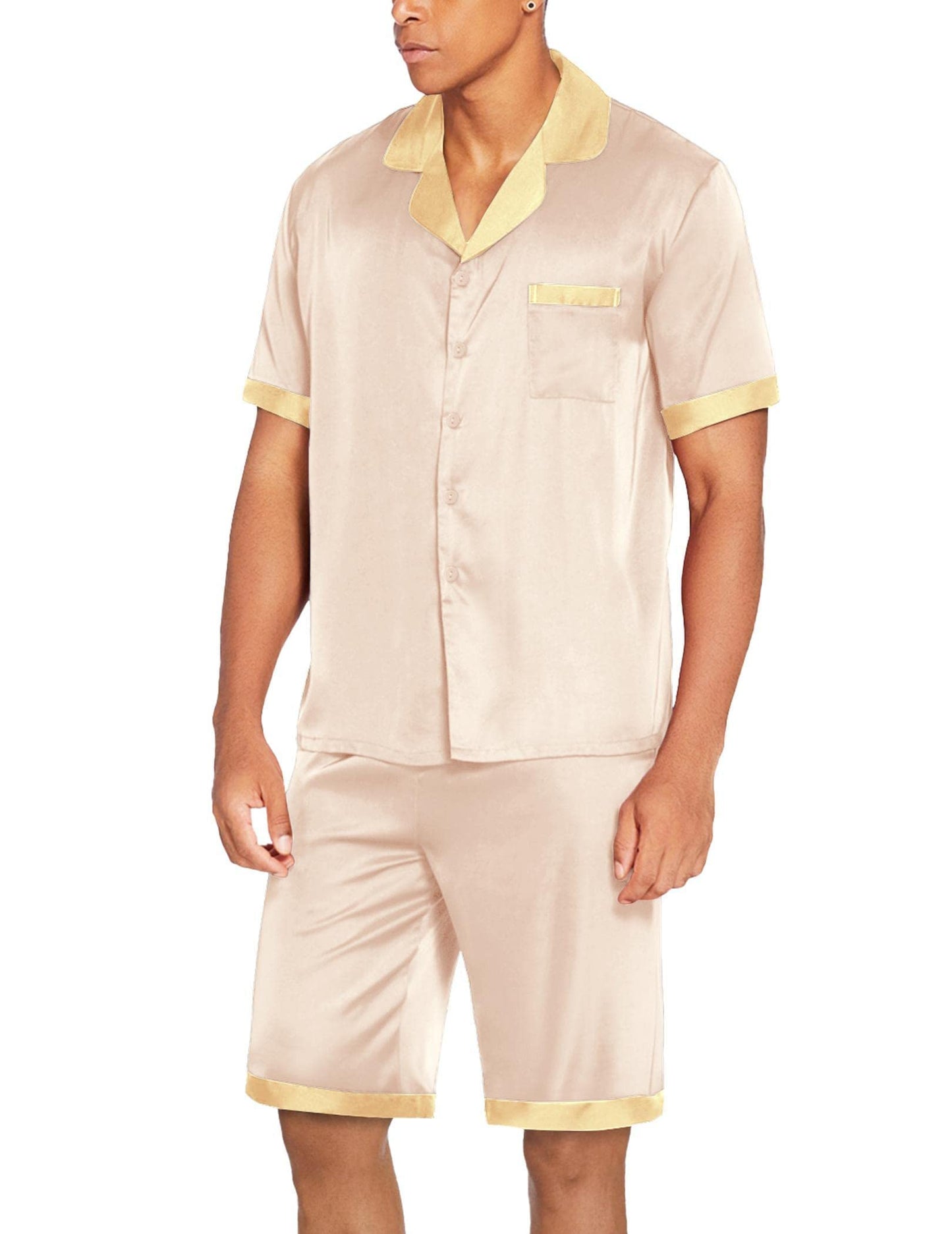 Ekouaer Men Satin Silk Pajamas Set with Pockets Sleepwear Shorts Satin Summer Loungewear 2 Piece Button Down Set S-3XL Champagne