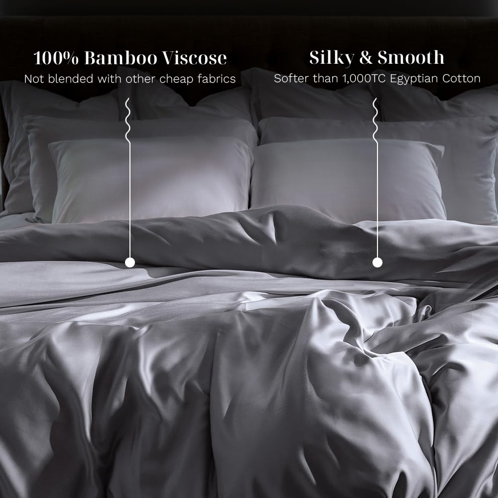 LUXOME Luxury Duvet Cover | Oversized Fit | 100% Viscose from Bamboo | Silky Soft Feel | Thermal-Regulating | 2X Cover Ties | King/Cal King - 108"x98" | Stone