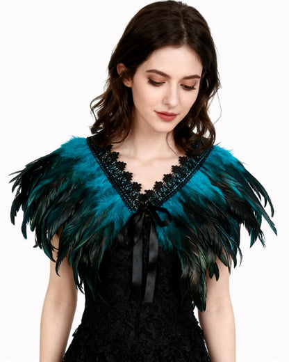 Women's Feather Collar Cape Shawl Gothic Witch Raven Peacock Costume, Blue
