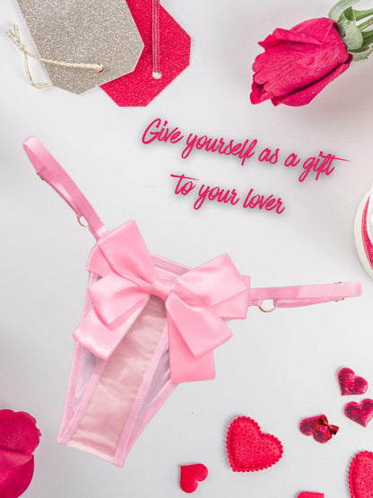 Mens Bow Thong For Anniversary, Couples Bedroom Sexy Underwear, Sheer Mesh Male Panties Pink