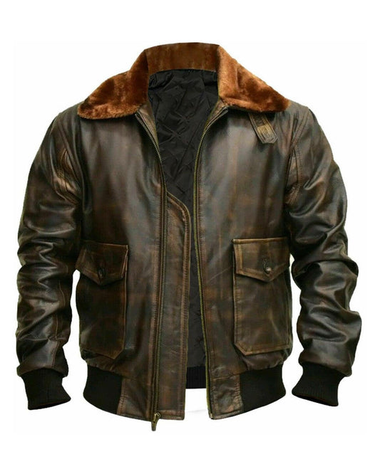 Brown Aviator G-1 Men Distressed Real Leather Bomber Flight Jacket - G1 Leather Naval Flight Jacket