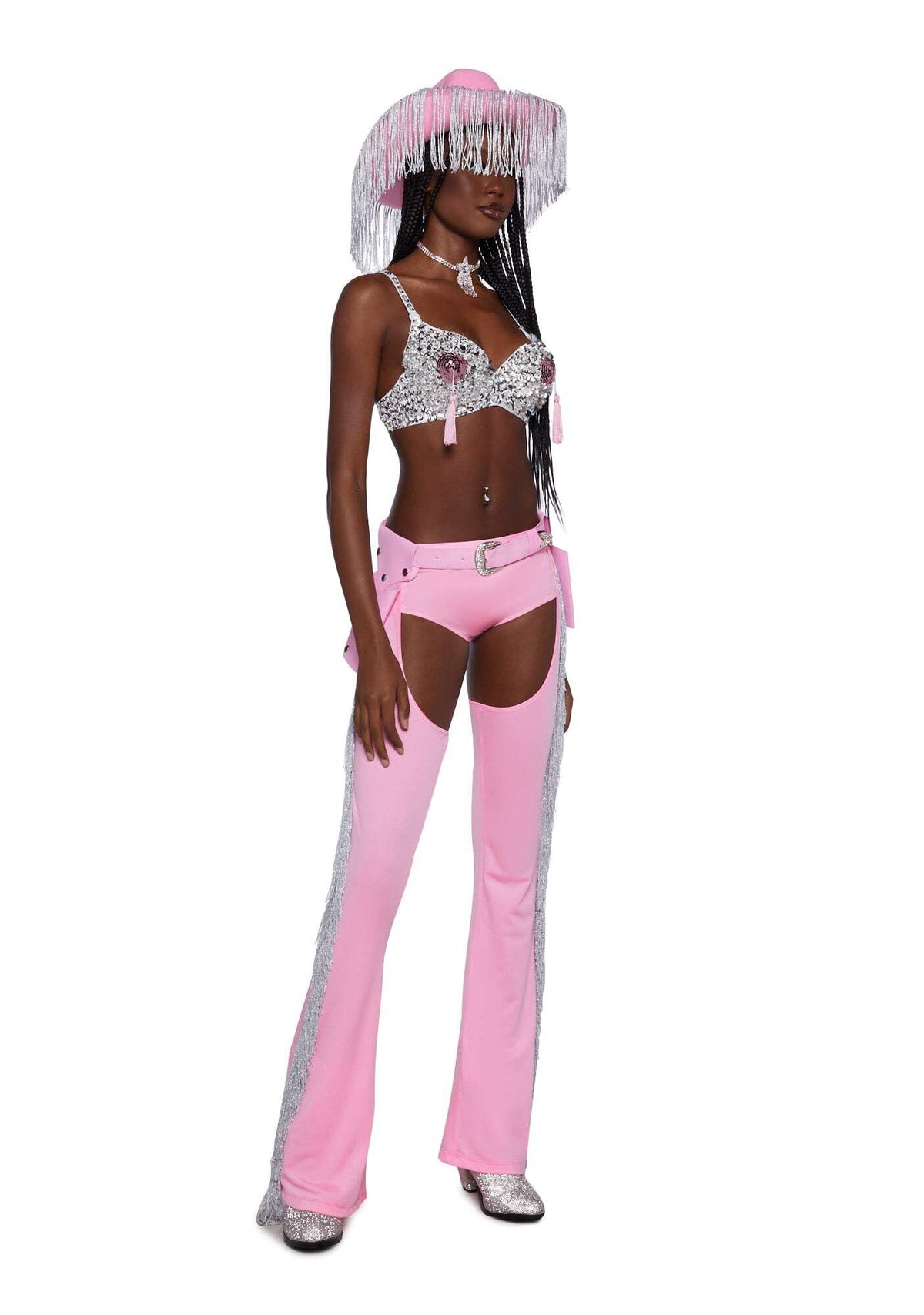 Dolls Kill Giddy Up Rhinestone Cowgirl Costume by Trickz N’ Treatz – Women’s Sequin Bra Top with Fringe Chaps & Hat, Pink, Medium