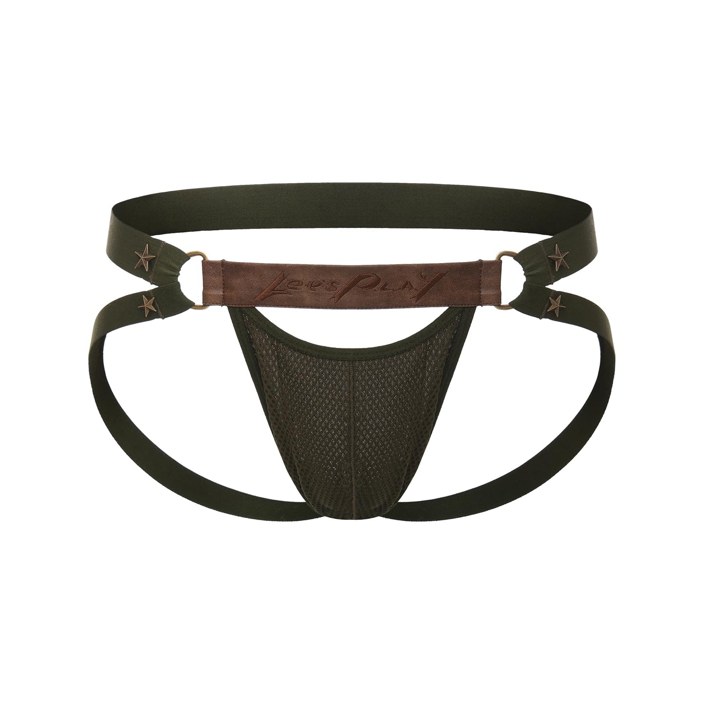 BSZN Men's Sexy Jockstrap, Star Rivet Leather Waistband Mesh Badge Pouch Mid Rise High Stretch Sexy Lingerie from A-Night Authority Collection Military Green