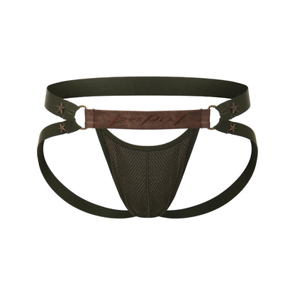 BSZN Men's Sexy Jockstrap, Star Rivet Leather Waistband Mesh Badge Pouch Mid Rise High Stretch Sexy Lingerie from A-Night Authority Collection Military Green