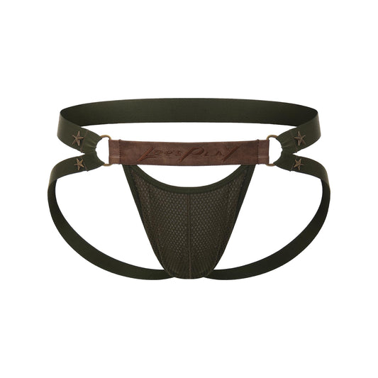 BSZN Men's Sexy Jockstrap, Star Rivet Leather Waistband Mesh Badge Pouch Mid Rise High Stretch Sexy Lingerie from A-Night Authority Collection Military Green