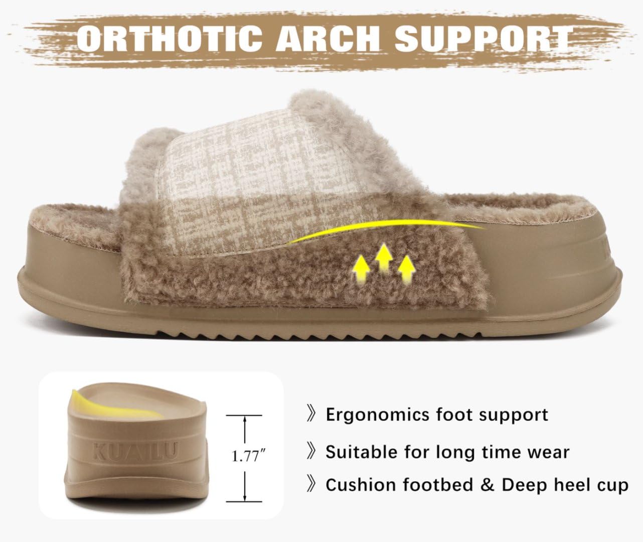 KuaiLu Cushion Slippers For Women with Orthopedic Arch Support Wide Adjustable Open Toe Platform Furry Fur Sandals Warm Teddy Fleece Recovery Slides Slip On House Shoes Indoor Outdoor, Beige US11