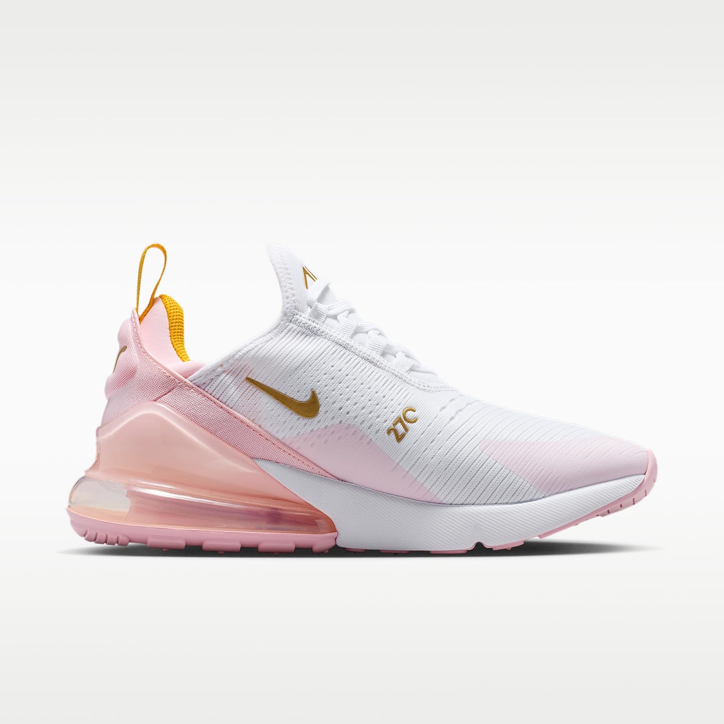 Nike Air Max 270 Women's Shoes (White/University Gold/Pink Foam/Metallic Gold) Size 7.5