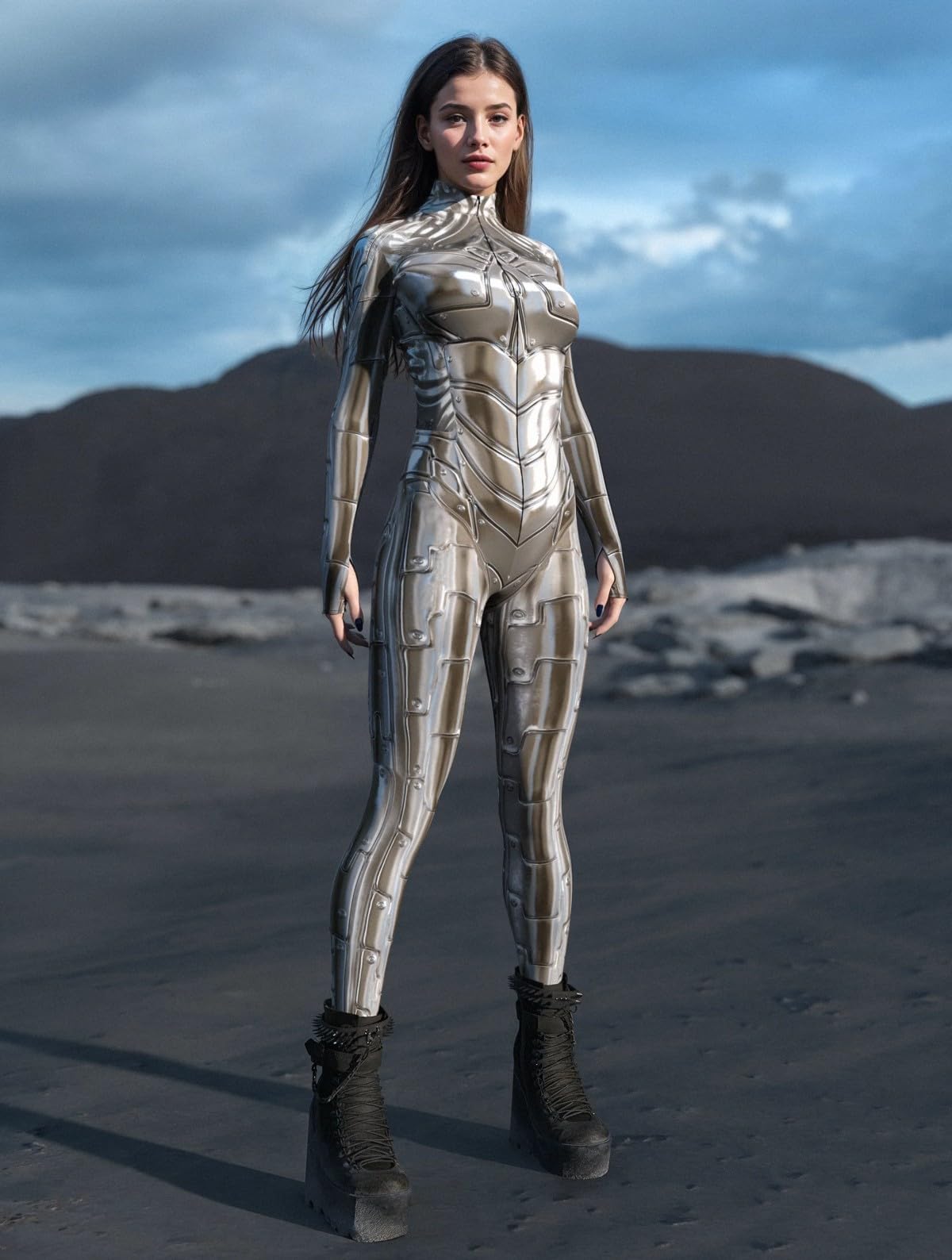 Silver Armor Print Bodysuit for Women Full Body Metallic Sci-Fi Jumpsuit Long Sleeve Stretch Cosplay Costume (HX116, XL)