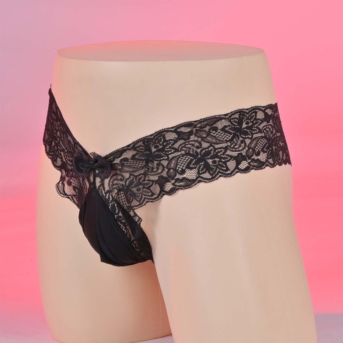 Femboy Men's Sissy Panties Sexy Tight Floral Lace Thong See Through Lingerie For Cross-dressers (Black-L)