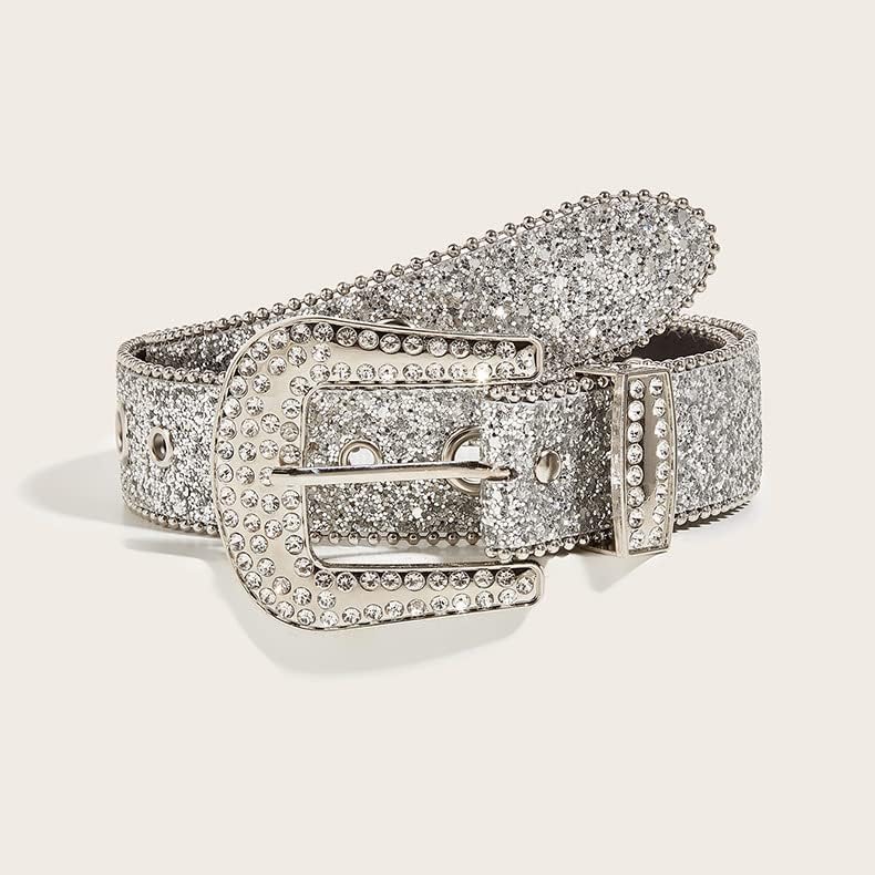 NociHah Silver Rhinestone-Belt Western-Cowgirl-Cowboy-Belts Vintage Bling Crystal Diamond Studded-Leather-Belt for Jean Pants (Silver)
