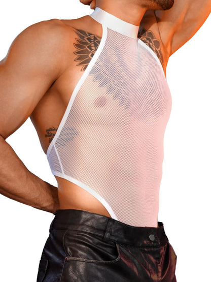 Men Sexy Lingerie, Snap Crotch High Cut Fishnet Bodysuit, Sheer Mesh Sissy Clothes Gay Club, Party Dance Rave Outfits White One Size