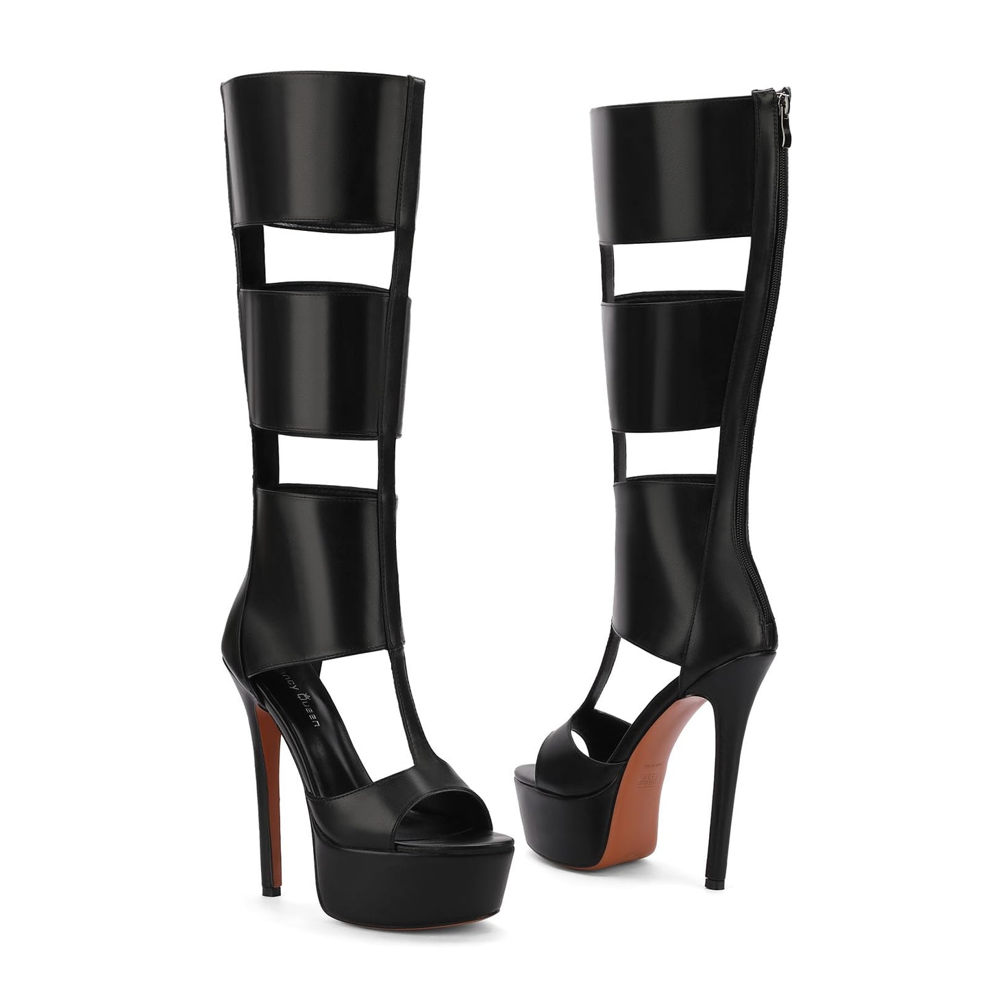 Fancy Queen Platform Knee High Heels for Women, Gladiator Open Toe Summer Boots Black Heels Sandal, Sexy Style Casual for Party