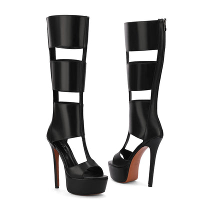 Fancy Queen Platform Knee High Heels for Women, Gladiator Open Toe Summer Boots Black Heels Sandal, Sexy Style Casual for Party