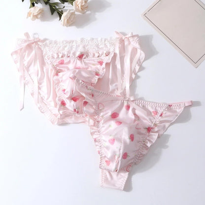 Sissy Pouch Panties Men's - Cute Pink Satin Lace Briefs Bikini Sexy Pouch G-String Thongs Underwear for Men (Tie-side,Medium)