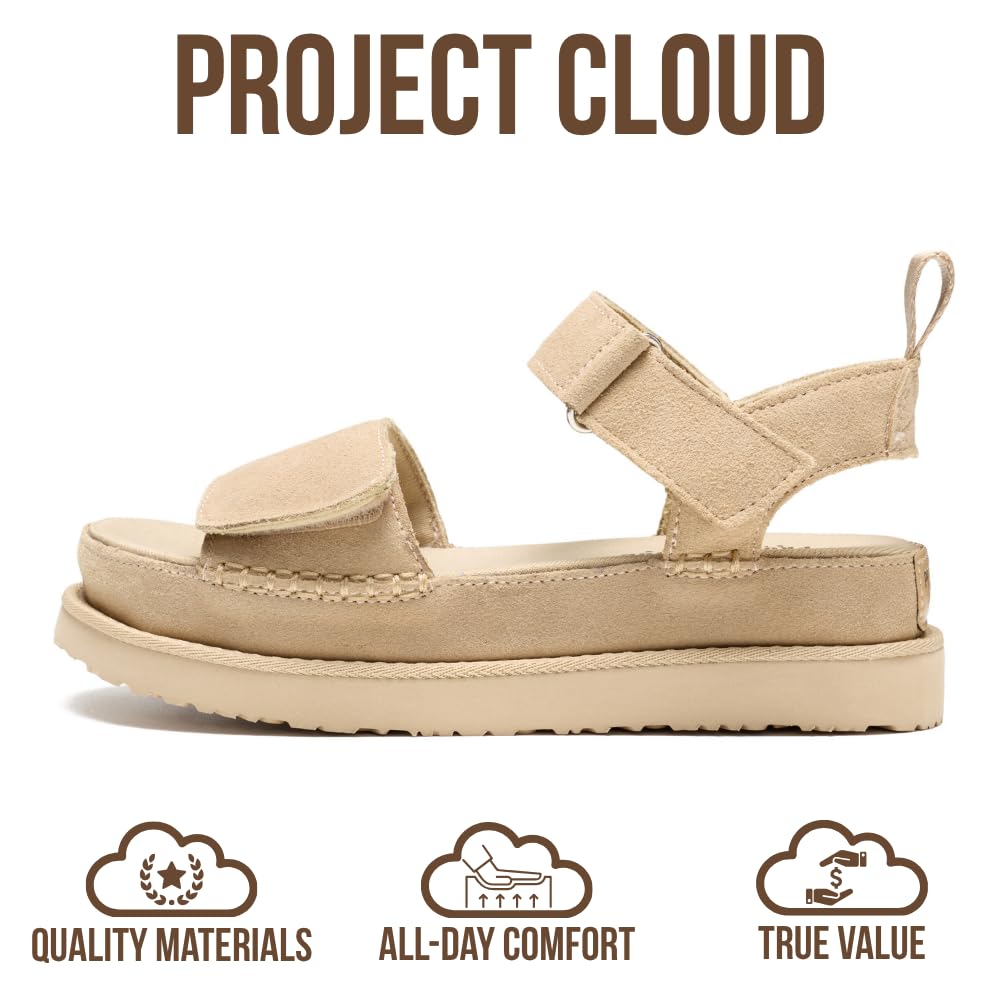 Project Cloud 100% Genuine Leather Platform Sandals For Women - Memory Foam Insole Slip Resistant Chunky Womens Sandals with adjustable straps - Wedge Sandals for Women 2026 (Bronzestar, WHEATSDE,9)