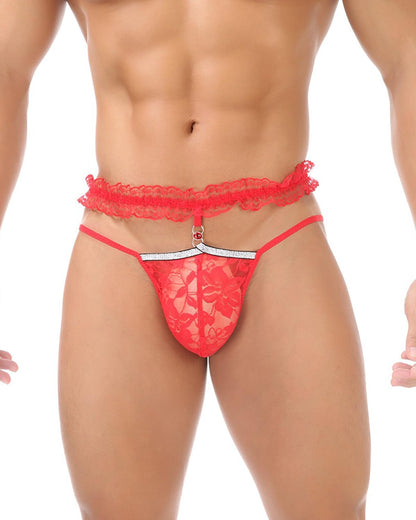 Mens Lace Frilly Sissy Panties Pouch Thong, Feminine G string Underwear For Men Sexy Lingerie (US, Alpha, One Size, Regular, Regular, Red)