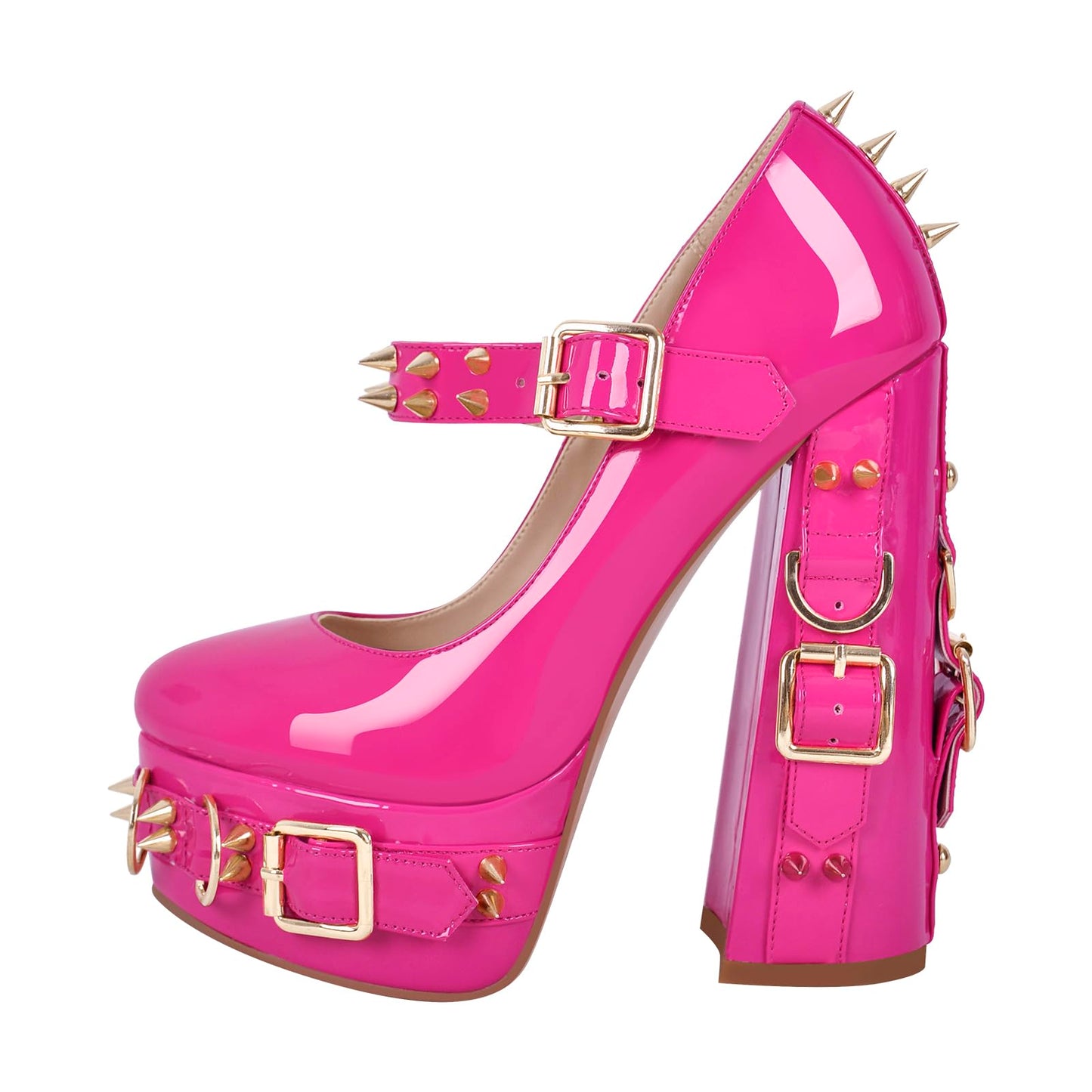 Sissy- Crossdressing - Mary Jane Platform Pumps with Rivets and Grommets Adjustable Ankle Buckle Up Chunky Block Heels Round Toe Strappy Heel Patent Leather Punk Shoes Cool Oustside Dress Peach Size 5