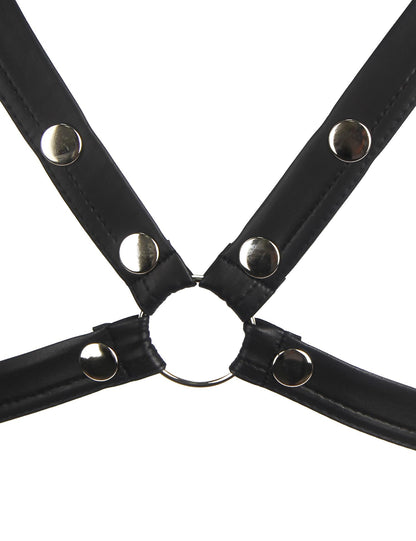 Mens Harness Faux Leather Bondage Sexy Mankini Costume One-piecs Thong Underwear with Jockstrap Bodysuit (Black, XL)
