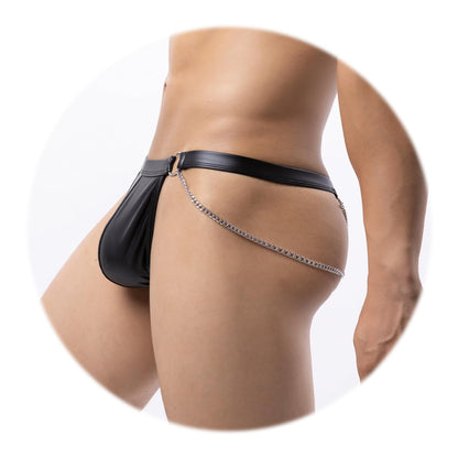 Evankin Men Sexy Leather Thong with Metal Chains Hollow Out T-Back Underwear Low Rise Bikini(Black,S)