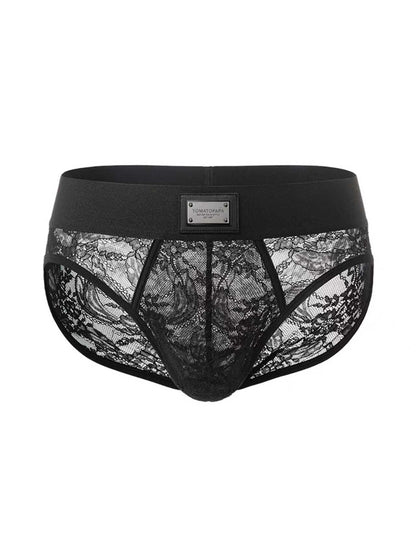 TOMATOPAPA Men's Italian Style Lace Briefs Underwear, Luxury Vintage Briefs with Floral Lace Trim, High Elastic Soft Underwear Comfortable Undepants, Sophisticated Design Black