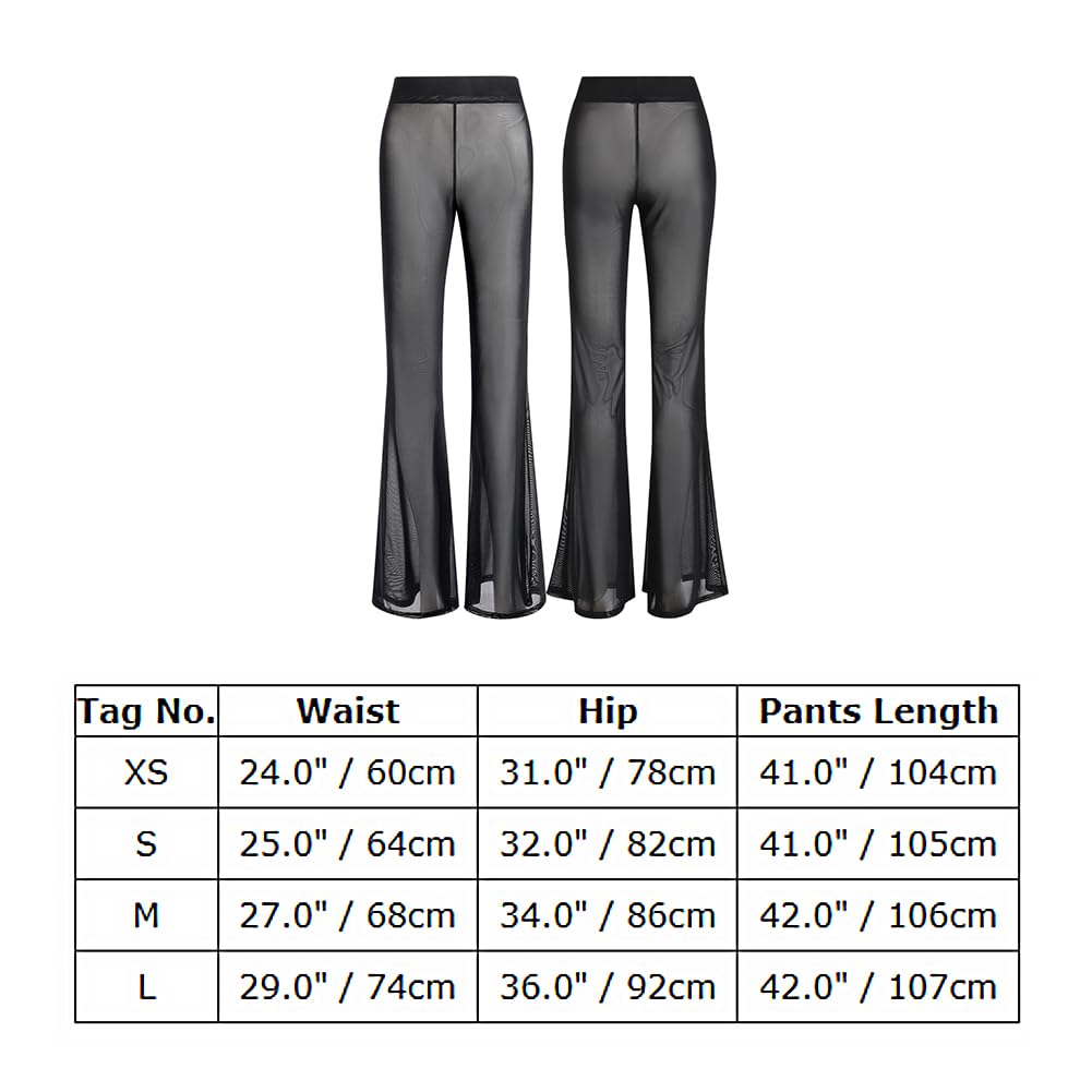 Festival Outfit Damen Rave Techno Sexy Durchsichtiges Transparent Mesh High Waist Schlaghose Lang Weite Hose Y2K Glitzer Pailletten Gothic Frauen Teenager Mädchen Party Clubwear Schwarz-B S