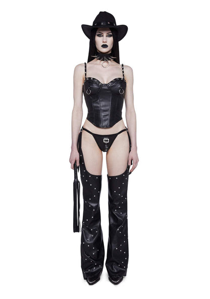 Dolls Kill Demanding Cowgirl Costume Set by Trickz N’ Treatz – Women’s Black Bustier Outfit with Chaps, Hat & Accessories – Black, XX-Large