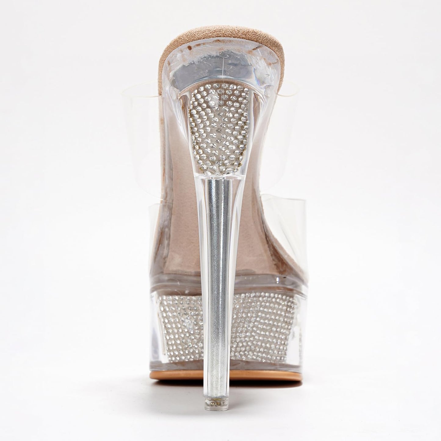 Women's Clear Platform Stiletto Heels | Slip-On Rhinestone Transparent Straps, Round Toe (Ferrara) - Nude Size 10