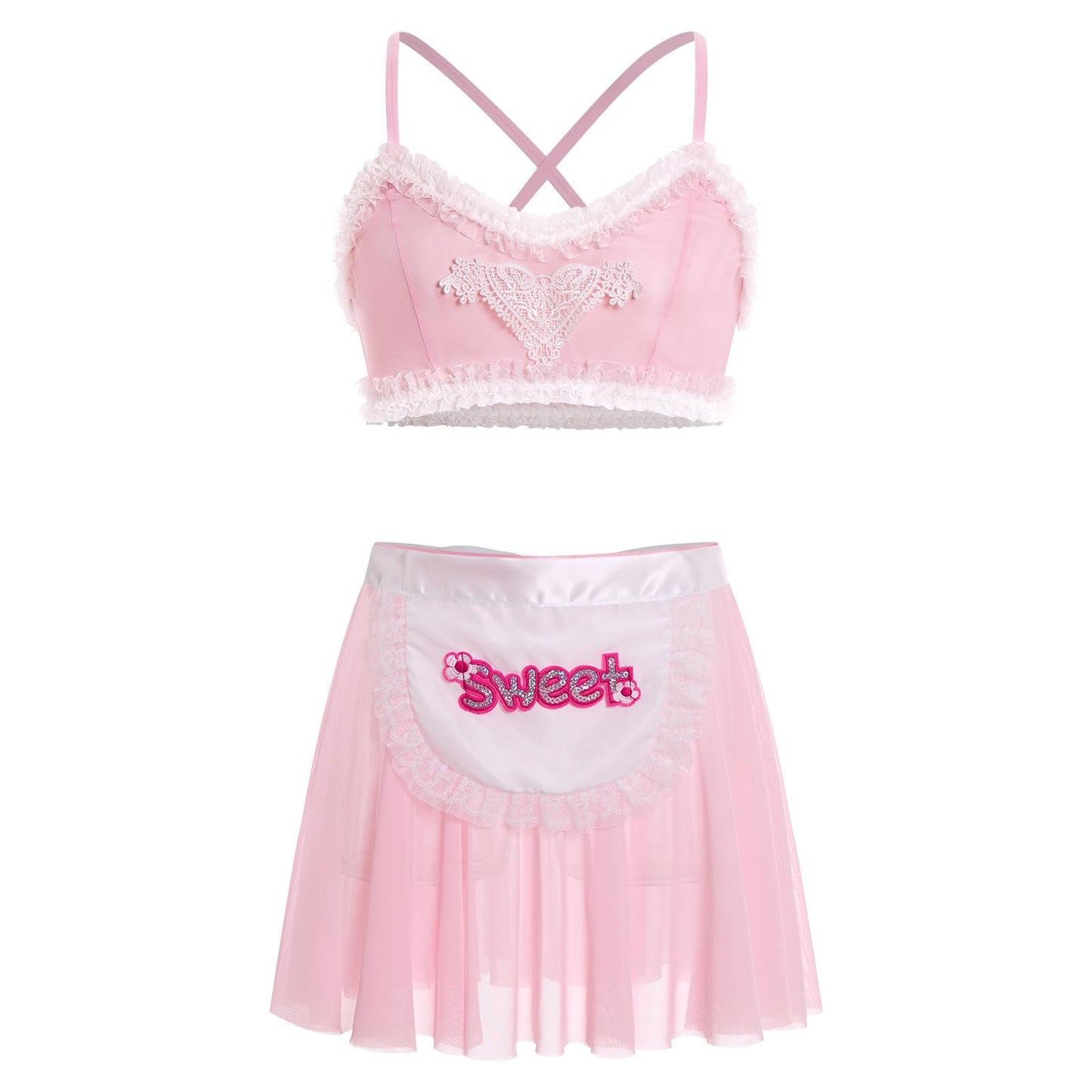 Men's Sissy Clothes Cross Back Mesh Sheer Bra Top Skirt Mini Apron Crossdressing Lingerie Outfits Pink Medium