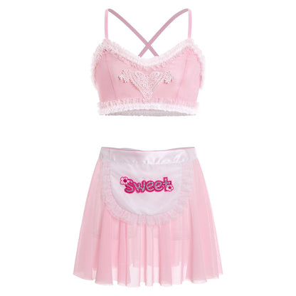 Men's Sissy Clothes Cross Back Mesh Sheer Bra Top Skirt Mini Apron Crossdressing Lingerie Outfits Pink Medium