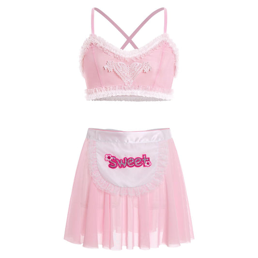 Men's Sissy Clothes Cross Back Mesh Sheer Bra Top Skirt Mini Apron Crossdressing Lingerie Outfits Pink Medium