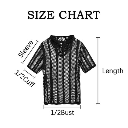 SUMABA Men's Sexy Fishnet Black Mesh Shirt Men Short Sleeve See Through Sheer Hoodies Pullover, Black M