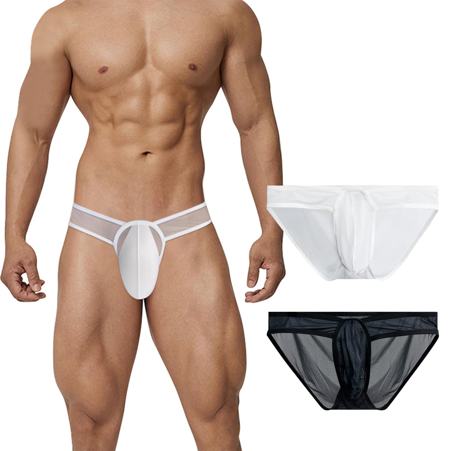 Meshal Men's Sheer Low Rise See Through Briefs Soft Breathable Bulge Pouch Sexy Underwear Black/White XXL