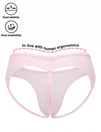 Men's Lace Frilly Sissy Thong Panties Sheer Mesh Bikini Briefs T-back G-string Underwear Pink