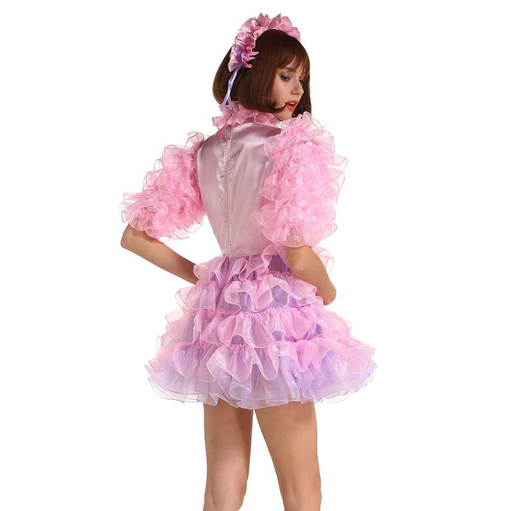 Women Sissy Maid Half Sleeve Lockable Puffy Pink Dress Uniform Crossdress (Medium)