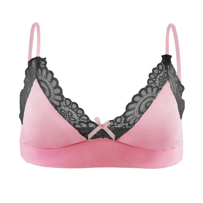 Men Sissy Underwear Floral Lace Bra Bikini Panties Bowknot Stockings 3 Piece Nightwear Sleepwear set Black + Pink X-Large