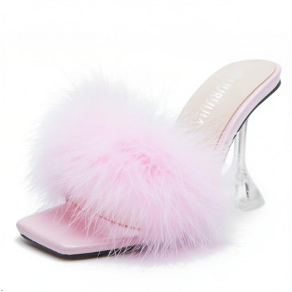 Women's Feather High Heeled Mules Slip On Sandals Square Toe Bridal Wedding Party Shoes Fuzzy Fluffy Sexy Clear Heels Pink 40 US 8