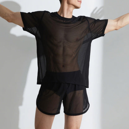 YINYOUYU Mens Sexy Mesh See Through Shorts Underwear Loose Sheer Breathable Boxers Short M Black
